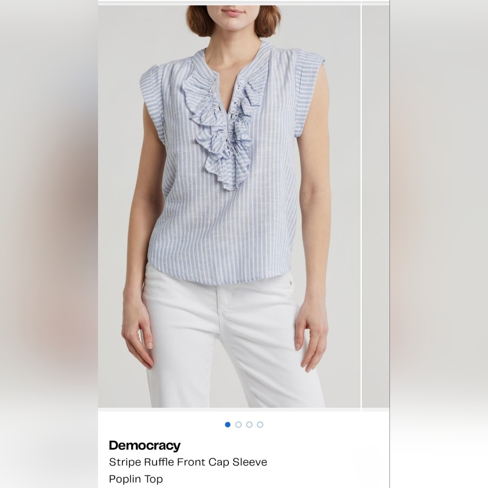 Democracy Blue and White Striped Ruffle Blouse